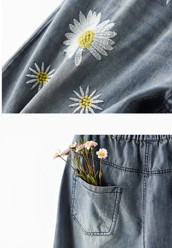 Vintage Embroidered Floral Jeans, Blue Embroidered Denim Pants, Handmade  Boho Jeans, Summer Cropped Pants, Soft Cotton Jeans, Gift for Her -   Canada
