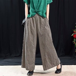 Women Plaid Linen Trouser, Elastic Waist Plaid Pants, Wide Leg Pants, Yoga Linen Trousers, Plus Size Clothing, Streetwear Pants, Freedom image 3