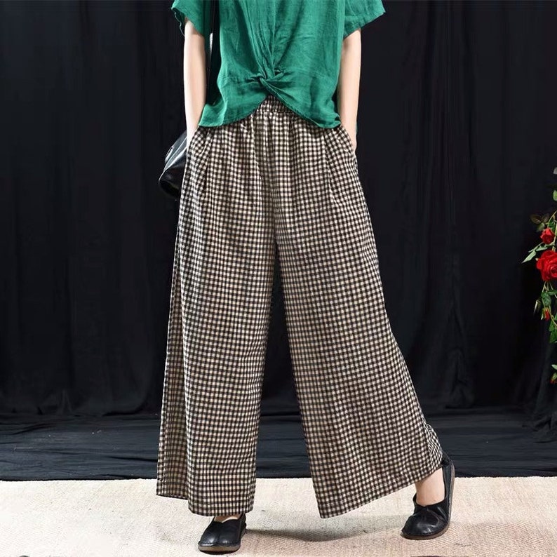 Women Plaid Linen Trouser, Elastic Waist Plaid Pants, Wide Leg Pants, Yoga Linen Trousers, Plus Size Clothing, Streetwear Pants, Freedom image 3