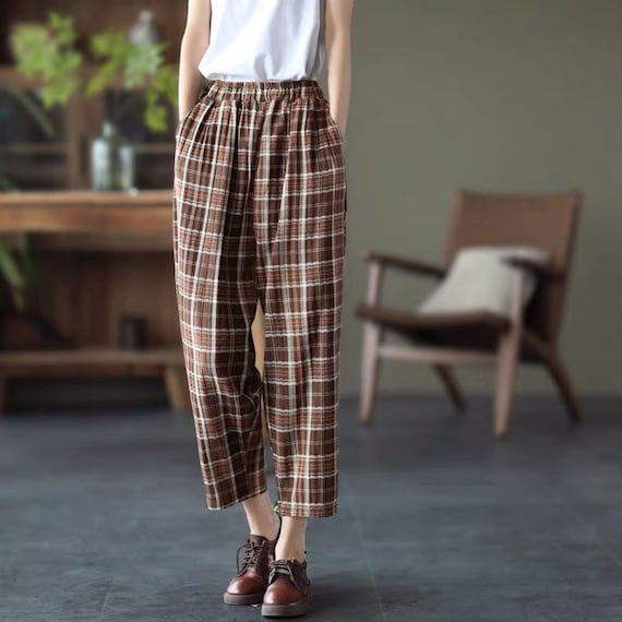 Vintage Soft Cotton Plaid Pants Women Plaid Pants Oversized - Etsy