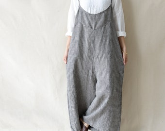 Casual Plaid Jumpsuit Women Linen Overalls Black Harem Romper Pants Loose Overalls Women Black Overalls Harem Pants Handmade Jumpsuit Gifts