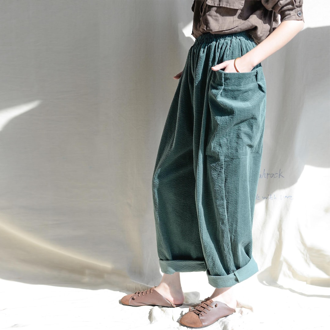 Green High Waist Square Pockets Corduroy Pants