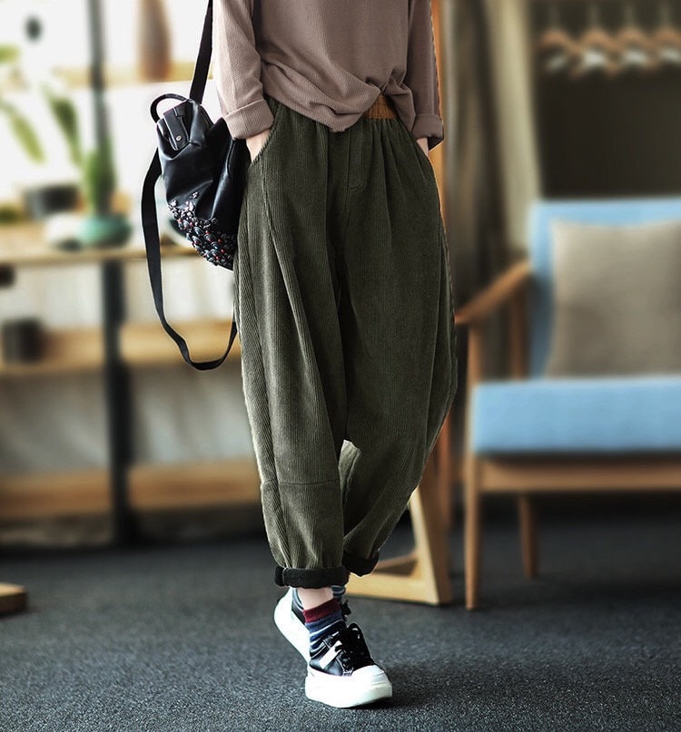 Women Thicken Warm Corduroy Pants Green 