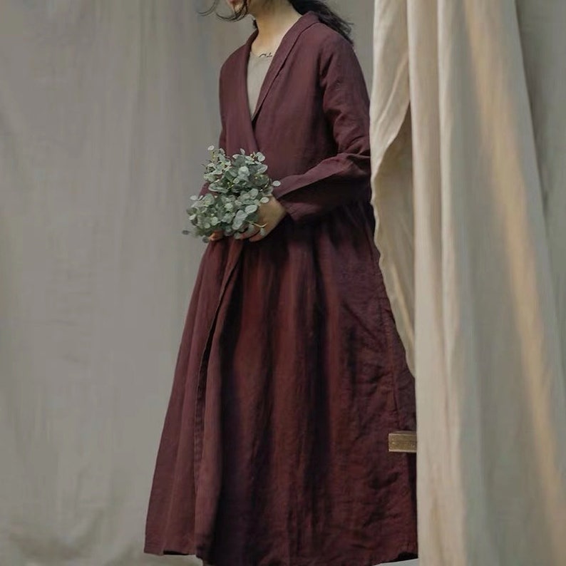 Natural Linen Coat Cardigan Long Sleeves Robes Loose Maxi Dresses Coat Oversized Windbreaker Autumn coat with Pockets Plus Size Duster