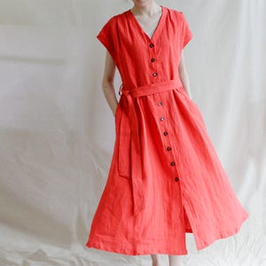 Vintage Summer V-Neck Linen Dress, Summer Solid Color Slimming Beach Vacation Dress, 100% Linen Comfy Black Button Tie Waist Midi Dress