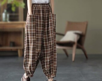 Women Bloomers Pants Cotton Plaid Pants Vintage Pants Oversized Pants High Waist Cropped Pants Wide Leg Pants Spring Pants Gift For Her