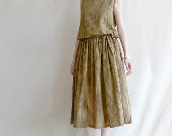 Women Casual Gingham Linen Cotton Maxi Dress, Sleeveless Plaid Sundress with Drawstring Waist for Summer Travel