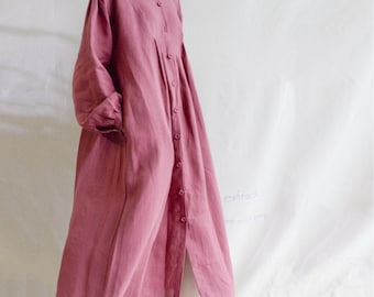 Burgundy Linen Maxi Dress Long Sleeve: Oversized Dropped Shoulder Sleeves Loose Fit Dress