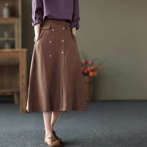 Women Pleated Linen Skirt Elastic Waist A Line Skirt Retro High Waist Skirt  Loose Maxi Skirt Linen Flared Skirt Long Skirt With Pockets