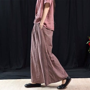 Women Plaid Linen Trouser, Elastic Waist Plaid Pants, Wide Leg Pants, Yoga Linen Trousers, Plus Size Clothing, Streetwear Pants, Freedom image 4