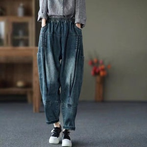 Women Black Fold Denim Trousers Blue Drape Pocket Pants Black Baggy Loose Denim  Pants Oversize Drop Crotch Pants Hobo Streetwear Clothes 