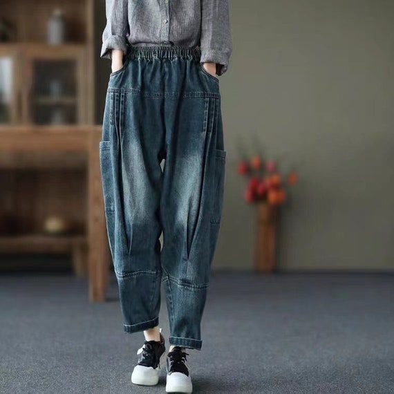 Women Black Fold Denim Pants Pants Drop Pocket Trousers Pants Blue Denim Baggy Streetwear Hobo - Crotch Loose Oversize Black Clothes Etsy Drape