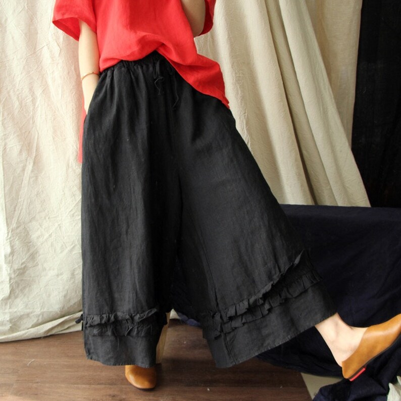 Women Linen Wide Leg Pants Loose Blue Maxi Pants Plus Size Long Pants Black Ladies Trousers Summer Boho High Waist Pants