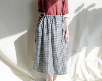 Plaid Linen Suspender Skirt: Adjustable Waist Maxi Skirt with Pockets