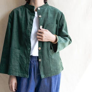 Women Corduroy Coat Jacket Green Big Pocket Jackets Streetwear Coat Wood Button Trench Coat Casual Jacket Handmade Cotton Coat Gifts For Her image 2