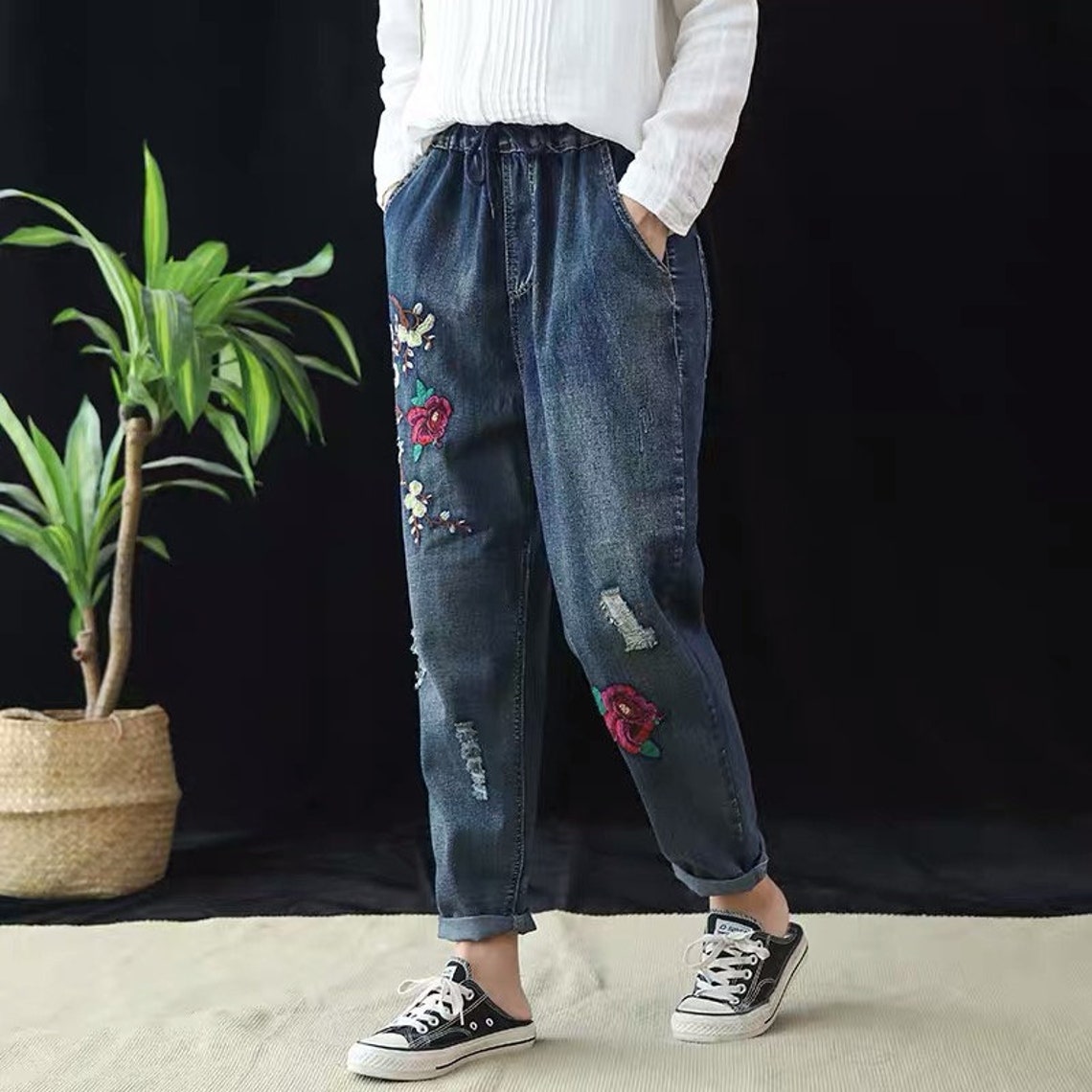 Women Embroidered Floral Denim Jeans Pants Cute Cat | Etsy