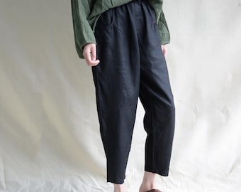 Black Linen Cropped Pants: Patchwork Relaxed Fit, Oversized Casual Style