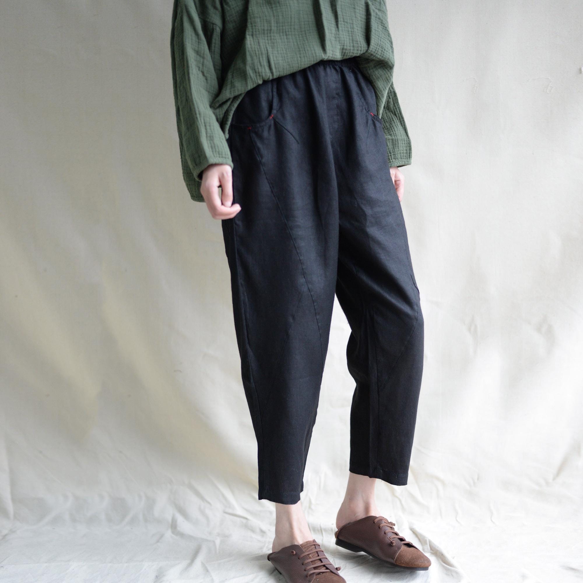 Spring and summer new women's clothing vintage pure color patchwork linen pants J011-3 Spring and summer new women's clothing vintage pure color patchwork linen pants J011-3