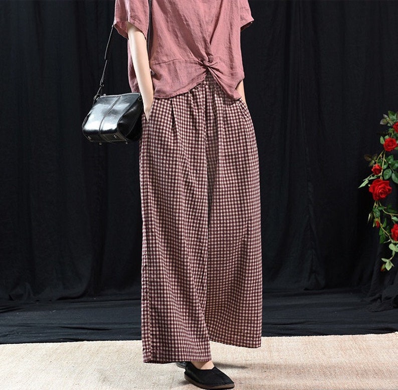 Women Plaid Linen Trouser, Elastic Waist Plaid Pants, Wide Leg Pants, Yoga Linen Trousers, Plus Size Clothing, Streetwear Pants, Freedom image 6