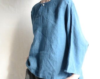 Casual Linen Bat Sleeve Top: Loose Fit, One Button, Made To Order
