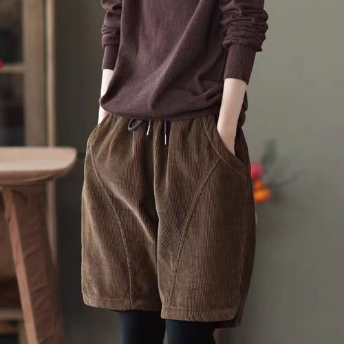 Vintage Cotton Short Pants Winter Elastic Waist Corduroy Slcks Loose Pants Brown Pants Palazzo Pants Handmade Pants Warm Shorts Gift For Her