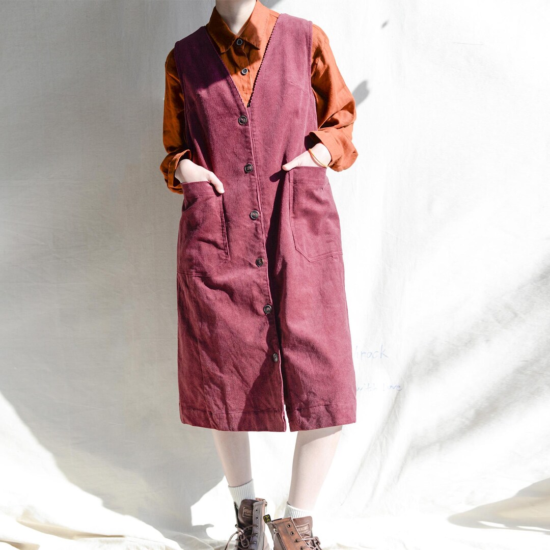 Vintage Corduroy Plain O-neck Casual Wit Pocket Women Midi Dress