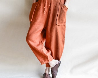 Washed Loose Linen Pants Trousers Slightly Tapered Pants 100% Linen Wide Leg Pants Yoga Casual Drop Crotch Pants Various Colors Available