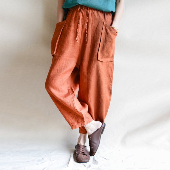 Washed Loose Linen Pants Trousers Slightly Tapered Pants 100% - Etsy
