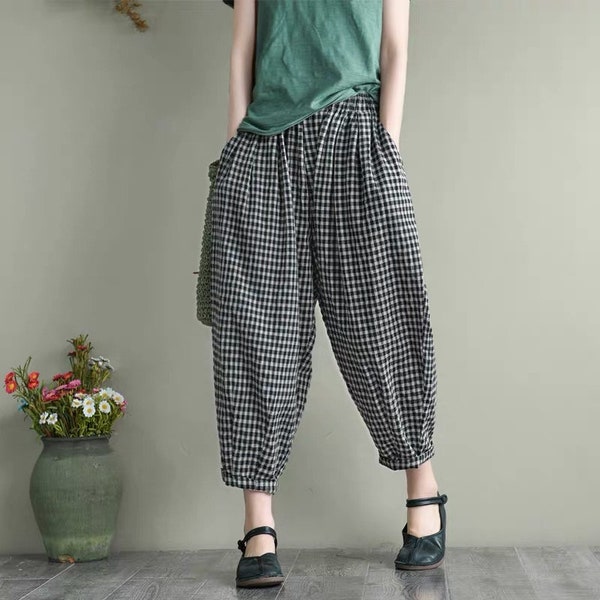 Vintage Cropped Plaid Linen Pants, Spring Elastic Waist Pants, Wide Leg Summer Pants, Loose Linen Pants, Large Size Pants, Gift For Mother