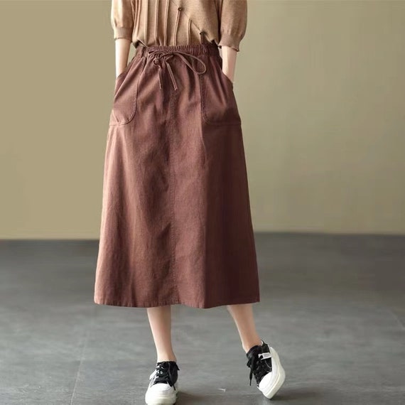 Women Leisure Cotton Skirts Casual Khaki Retro Skirt With Pockets