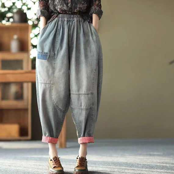 Women Baggy Pants Patchwork Denim Pants Cotton Harem Pants Cropped