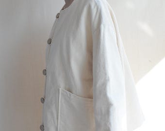 Handmade Corduroy Coat with Big Pockets: Round Neck Fall Jacket, Casual Loose Fit Top