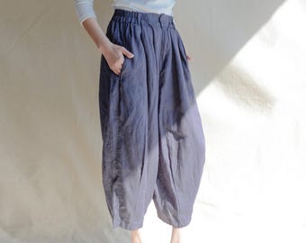 High Waist Linen Pants in Relaxed Balloon Fit: Lightweight Cropped Trousers, Navy Blue Pants