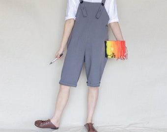 Gray Cotton Cropped Overalls: Casual Bib Romper Jumpsuit