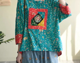 Summer Bohemian Linen T-shirt, Large Size Boho Tops, Loose Fitting Patchwork Tunic Tops, Embroidered T-shirt, Vintage Tops, Stylish Tops