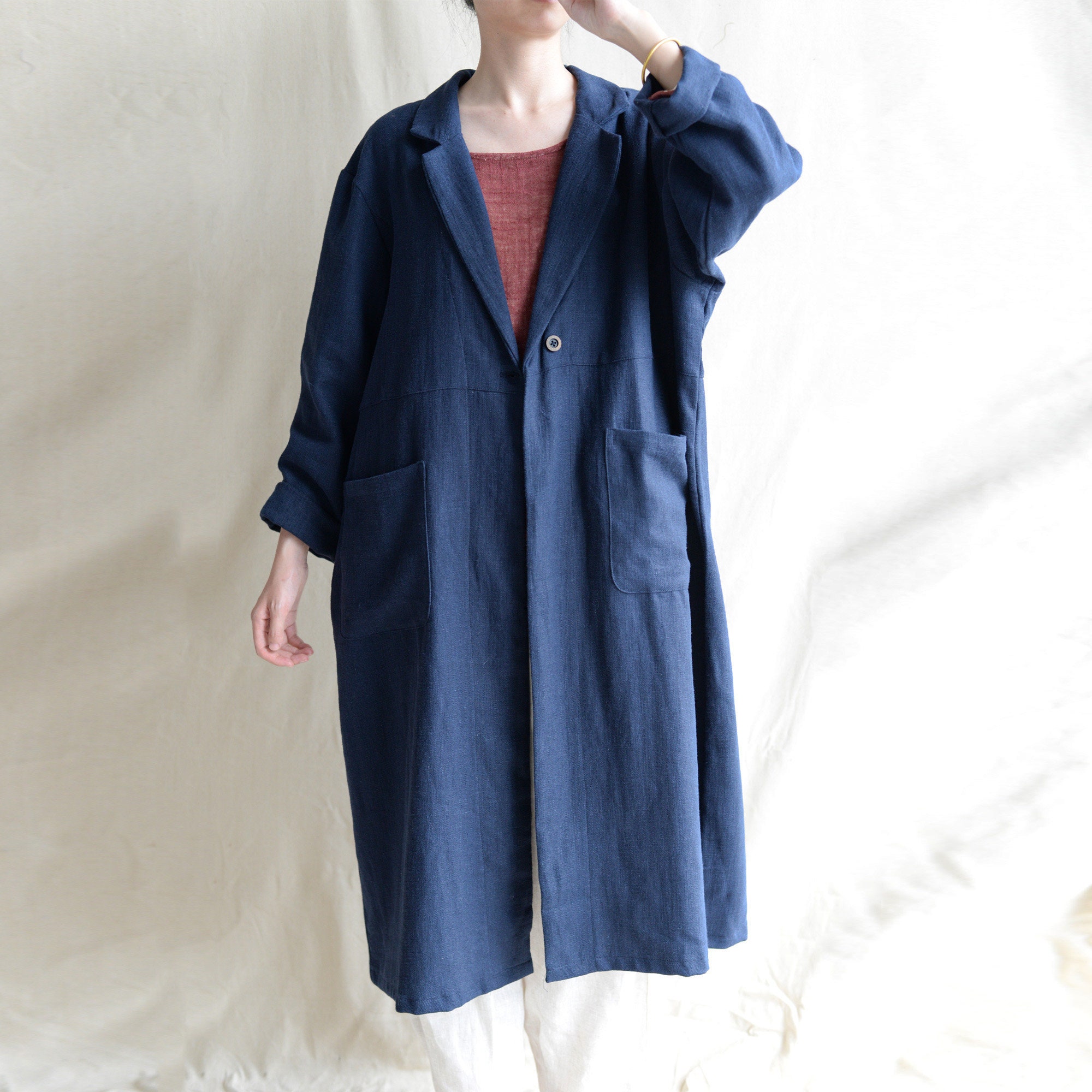 Navy Blau Leinen Mantel Bequem Leinen Duster Washed Leinen Beige Strickjacke Leinen Kimono Jacke Gewaschenes Weiches Leinen Oversized Jacken