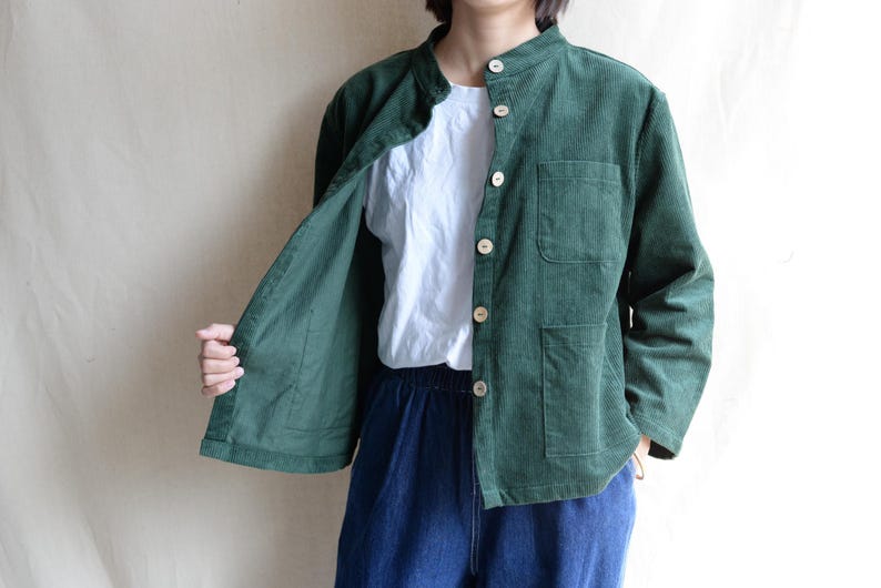 Women Corduroy Coat Jacket Green Big Pocket Jackets Streetwear Coat Wood Button Trench Coat Casual Jacket Handmade Cotton Coat Gifts For Her image 3