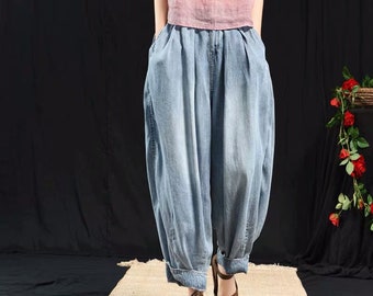 Vintage más tamaño denim pantalones plisados Jeans Baggy cintura elástica pantalones Palazzo pantalones Jeans Jeans