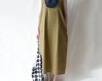 Yellow Plaid Linen Dress: Handmade Retro Oversized Dress