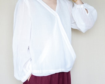 Comfy Pure Linen V-neck Blouse, Lightweight Linen Top, Puff Sleeves, Made To Measure