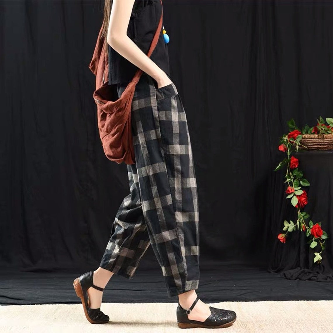 Women Plaid Pants Linen Trousers Lounge Linen Pants Elastic - Etsy