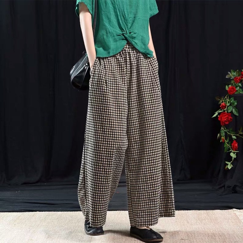 Women Plaid Linen Trouser, Elastic Waist Plaid Pants, Wide Leg Pants, Yoga Linen Trousers, Plus Size Clothing, Streetwear Pants, Freedom image 1