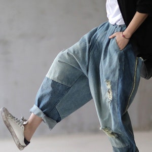 Women Casual Denim Pants Patchwork Hippie Denim Pants Cropped Pants Tribal Baggy Trousers Loose Capris Pants Broken-hole Jeans