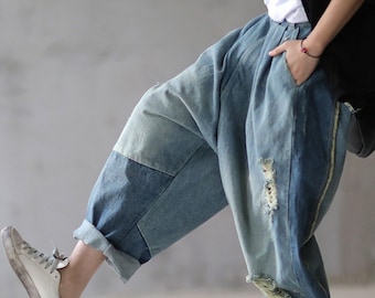 Women Casual Denim Pants Patchwork Hippie Denim Pants Cropped Pants Tribal Baggy Trousers Loose Capris Pants Broken-hole Jeans