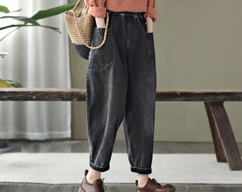 Women Loose Denim Pants, Loose Denim Shorts, Elastic Waist Jeans, Wide Leg Pants, Baggy Jeans, Wide Leg Cropped Pants, Loose Denim Jeans