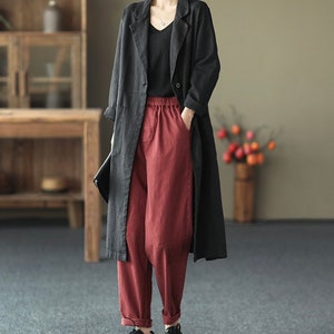 Manteau 100 % lin Bordeaux Long lin Duster Cardigan en lin lavé Kimono en lin Veste manches longues Top en lin doux lavé Manteau oversize Black