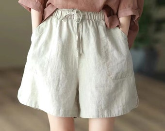 Women Organic Linen Shorts, Summer Cozy Pants,  Linen Pants With Pockets, Black Shorts, Linen Shorts, Personalized Gifts