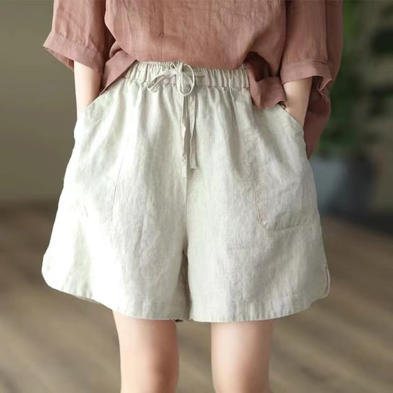 Women Organic Linen Shorts, Summer Cozy Pants, Linen Pants With