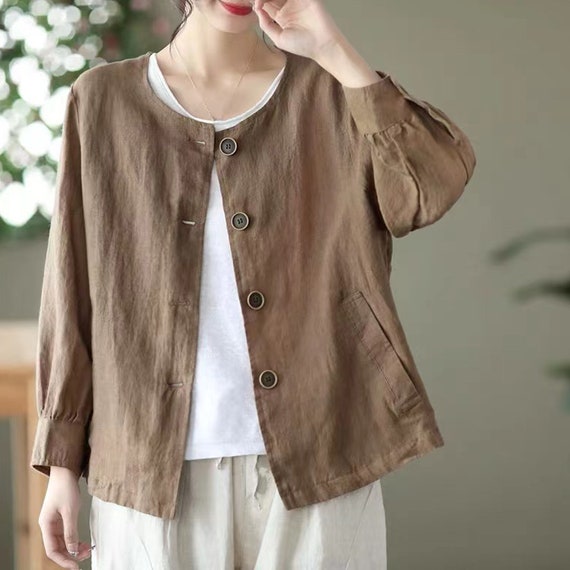 Women Linen Cardigan Cozy Casual Coat Outerwear Linen Jackets