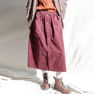 Women Burgundy Corduroy Midi Skirt Comfy Retro Casual Midi Skirt Handmade Corduroy Skirts Stripe Skirt With Big Pockets Gift For Her